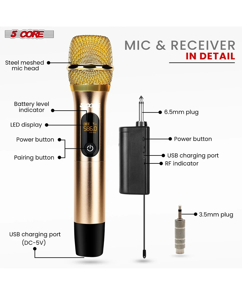 5 Core Wireless Microphones Pair Uhf Professional Handheld Microfonos Inalambricos Dual Cordless Mic System for Karaoke Singing Wedding Dj Party Speec