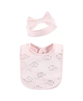 Hudson Baby Infant Girl Cotton Bib and Headband or Caps Set, Pink Gray Elephant, One Size