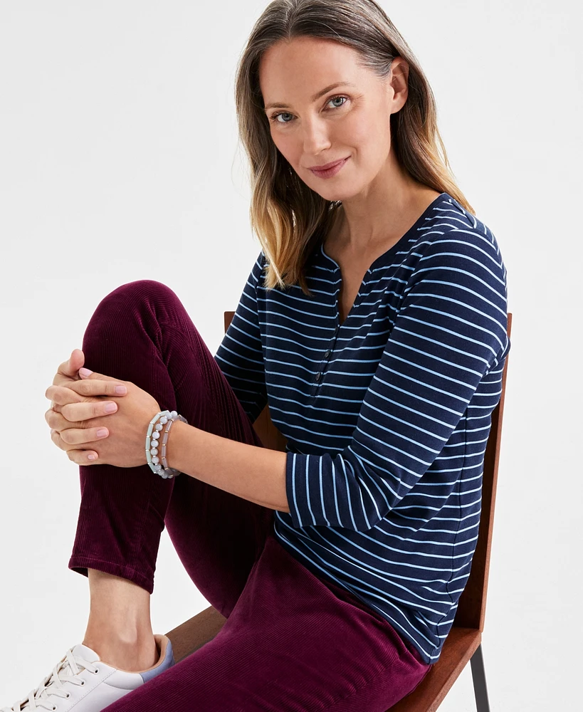 Style & Co Women's Striped Henley Tee, Created for Macy's