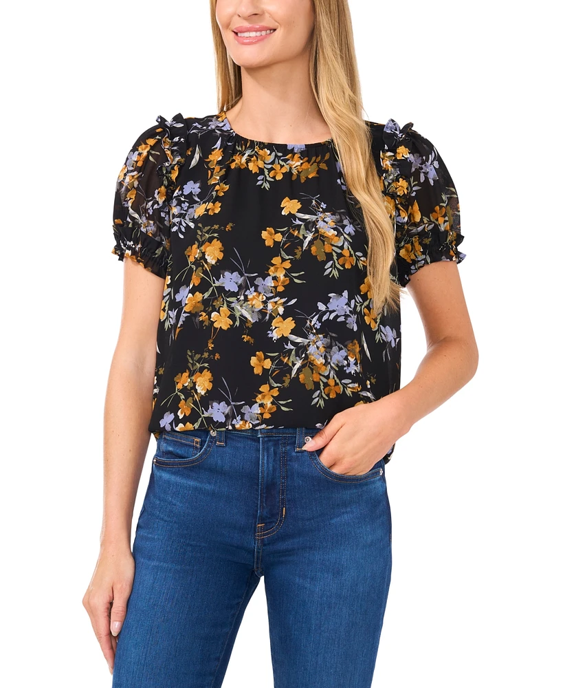 CeCe Women's Short Sleeve Round Neck Floral Blouse