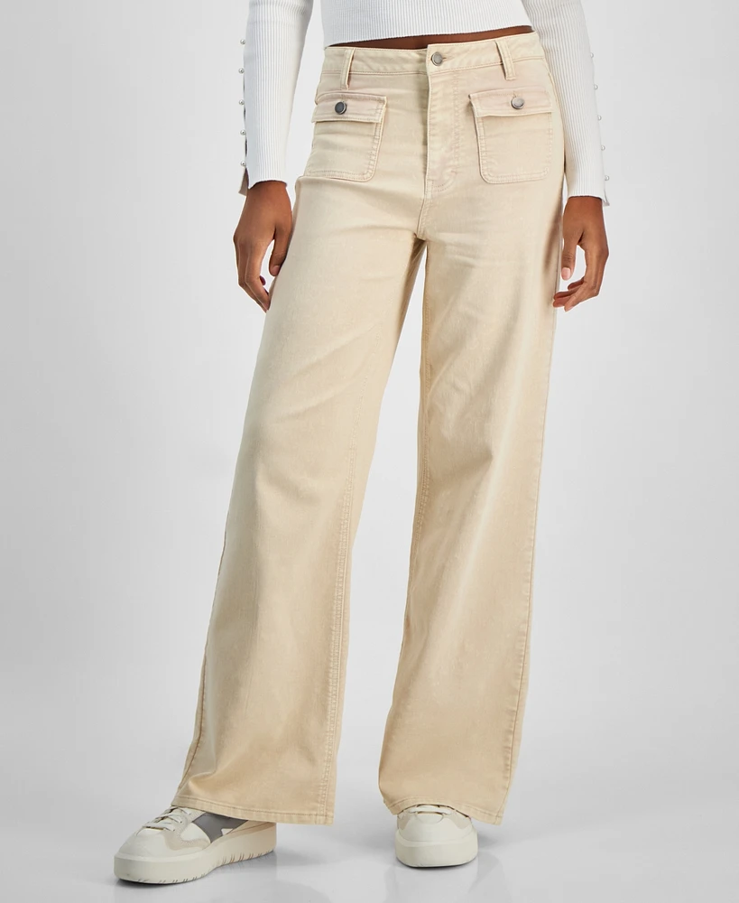 Tinseltown Juniors' High Rise Patch-Pocket Wide-Leg Jeans