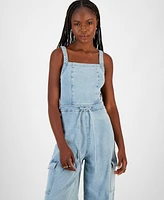 Tinseltown Juniors' Wide-Leg Square-Neck Tie-Front Cargo Jumpsuit