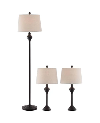 Barnes and Ivy Mason Traditional 3 Piece Table Floor Lamp Set Dark Bronze Metal Oatmeal Drum Shade Decor for Living Room Bedroom House Bed