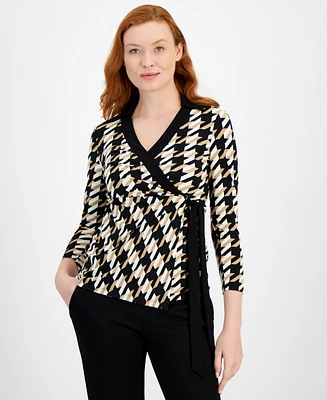 Anne Klein Women's 3/4-Sleeve Houndstooth Faux-Wrap Top