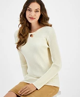 Tahari Asl Women's Twisted Keyhole Long Sleeve Ribbed Knit Top