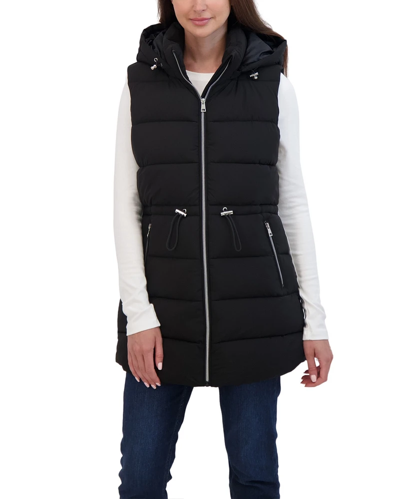 Sebby Collection Women's 3/4 Hooded Stretch Puffer Vest With Drawstring Waist