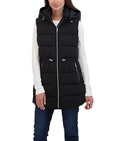 Sebby Collection Women's 3/4 Hooded Stretch Puffer Vest With Drawstring Waist