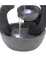 John Timberland Three Cup Japanese Style Outdoor Floor Water Fountain with Light Led 31 1/2" High Gray Faux Stone Cascading for Patio Backyard Deck Ho