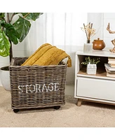 Jonathan Y Yael Coastal Hand-Woven "Storage" Rattan Basket with Wheels and Handles, Kubu Gray