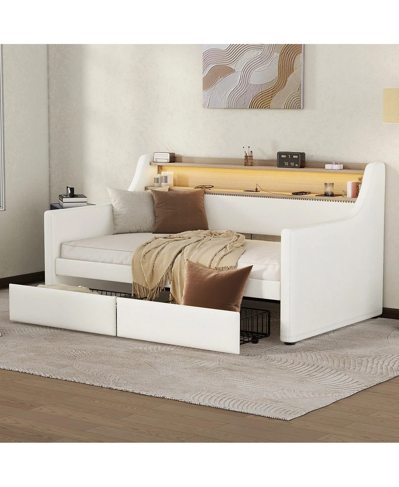 Simplie Fun Twin Daybed with Drawers, Charging Station, Led Lights, and Storage