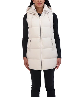 Sebby Collection Women's Puffer Faux Leather Vest with Hood