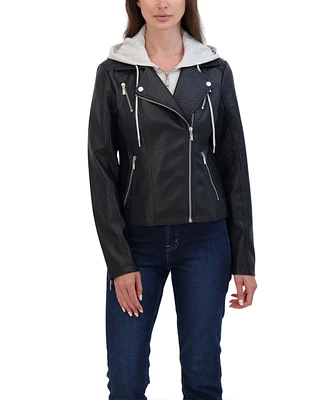 Sebby Collection Women's Faux Leather Biker Jacket With Removeable Hood Bib