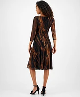 Connected Women's Printed Tie-Waist Mesh-Sleeve Dress