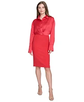 Halston Women's Mixed Media Collared Long-Sleeve Dress