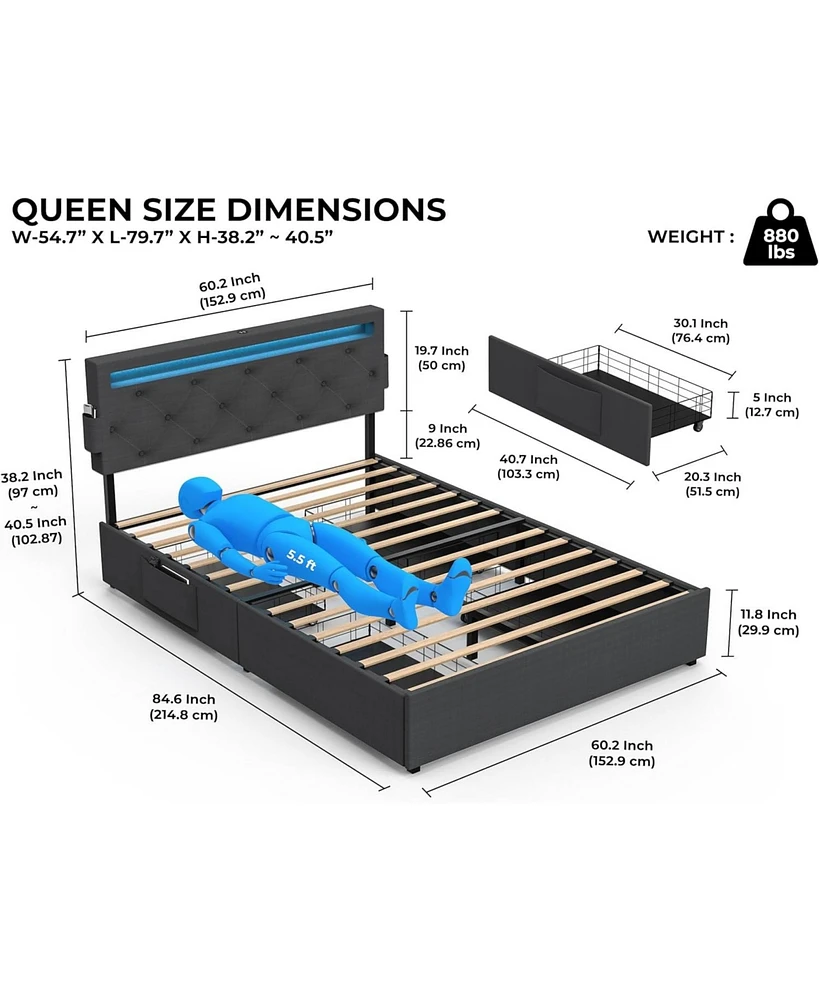 Simplie Fun Queen Bed Frame with Usb Charging, Led Lights, Headboard