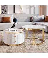 Streamdale Furniture Modern 2-Piece White Round Nesting Coffee Table with Drawers