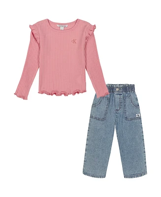 Calvin Klein Little Girl Long Sleeve Flutter-Trim Ribbed Top and Denim Paper-bag Waist Pants