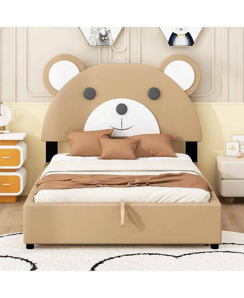 Simplie Fun Twin Size Upholstered Platform Bed with Bear Headboard and Storage Drawers