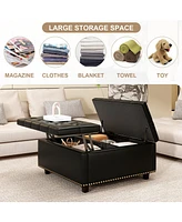 Pu Leather Oversized Storage Ottoman with Nailhead Trim