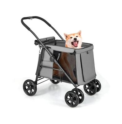 Slickblue Folding Pet Stroller for Small and Medium Pets with Breathable Mesh andx One-Button Foldable-Grey