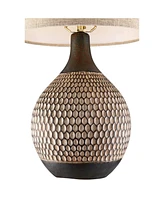 Emma Mid Century Modern Table Lamp with Table Top Dimmer 21" High Wood Brown Finish Ceramic Tan Drum Shade for Living Room Bedroom House Bedside