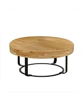 Modern Round Coffee Table with Carved Pine Top and Metal Legs