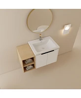 36" Wall-Mounted Vanity with Soft-Close Doors, Ceramic Basin, and Storage Shelves