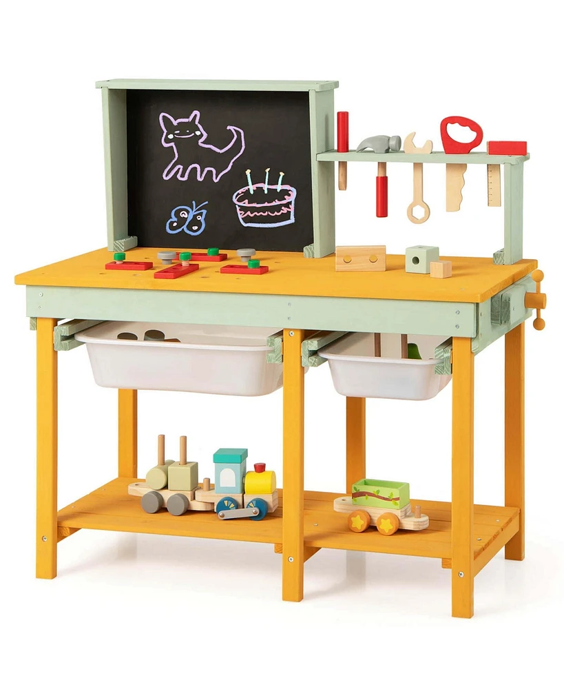 Costway Kids Wooden Toy Workbench with Storage Space & Blackboard Tool Accessories for Boys