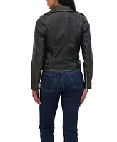 Sebby Collection Women's Distressed Faux Leather Biker Jacket With Attached Belt