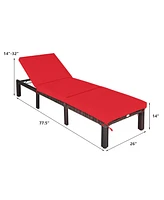 Gymax 2PCS Adjustable Patio Rattan Chaise Lounge Chair Recliner Outdoor w/ Red Cushion