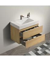 Streamdale Furniture 30" Wall-Mounted Vanity: Natural Oak, Glossy White Basin