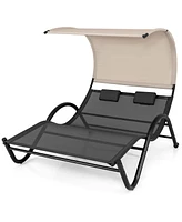 Slickblue Outdoor Double Chaise Lounge Chair with Sunshade Canopy and Headrest Pillows-Black