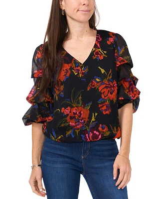 Sam & Jess Petite V-Neck Floral-Print Gathered-Sleeve Top