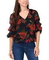 Sam & Jess Petite V-Neck Floral-Print Gathered-Sleeve Top