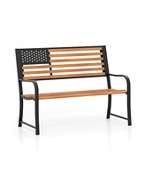 Slickblue 50 Inch Outdoor Garden Bench with Flag Pattern Backrest and Rustic Wood Grain Finish-Brown