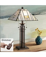 Mission Tiffany Style Table Lamp with Table Top Dimmer 26.5" High Bronze Wrought Iron Stained Glass Shade for Living Room Bedroom House Bedside N