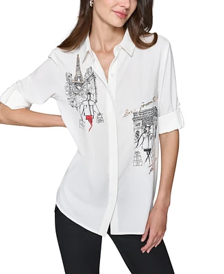 Karl Lagerfeld Paris Petite Sequinned Printed Blouse, First@Macy's