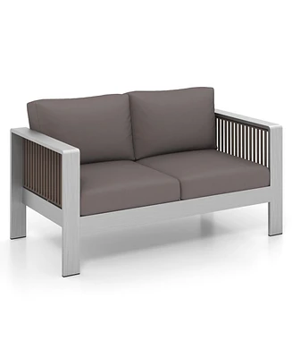 Slickblue Patio Aluminum Loveseat Sofa Outdoor Furniture Set with Thick Back and Seat Cushions-Grey