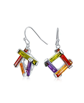 Bling Jewelry Colorful Statement Fashion Multicolor Cz Bars Geometric Square Dangle Earrings For Women Prom Fish Hook - Multi