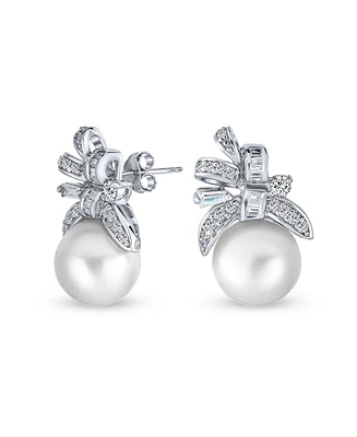 Bling Jewelry Victorian Style Cocktail Bridal Ribbon Cubic Zirconia White Simulated Pearl Cz Pave Bow Stud Earrings For Women Sterling Silver