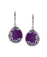 Bling Jewelry Western Style Teardrop Scroll Filigree Scroll Stabilized Purple Turquoise Lever Back Dangle Earrings For Women .925 Sterling Silver