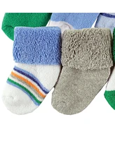 Luvable Friends Infant Boy Grow with Me Cotton Terry Socks, Blue Green, 0-6 and 6-12 Months