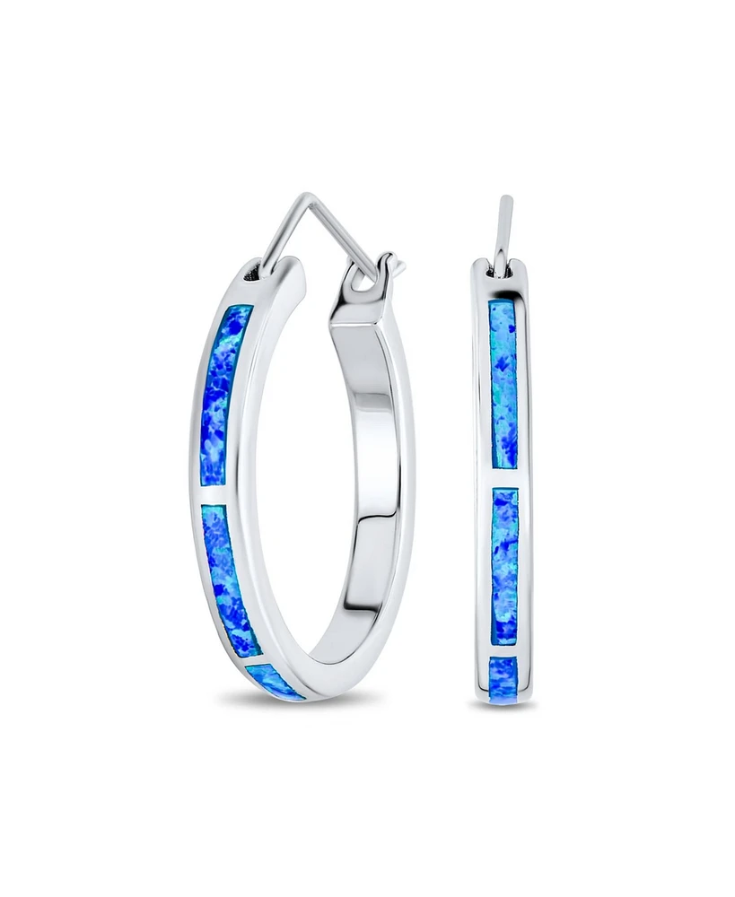 Bling Jewelry Created Blue Opal Inlay Thin Flat Tube Large Hoop Earrings For Women Sterling Silver 1 Inch