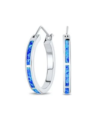 Bling Jewelry Created Pink Opal Inlay Flat Tube Large Hoop Earrings For Women Rose Gold Plated .925 Sterling Silver October Birthstone