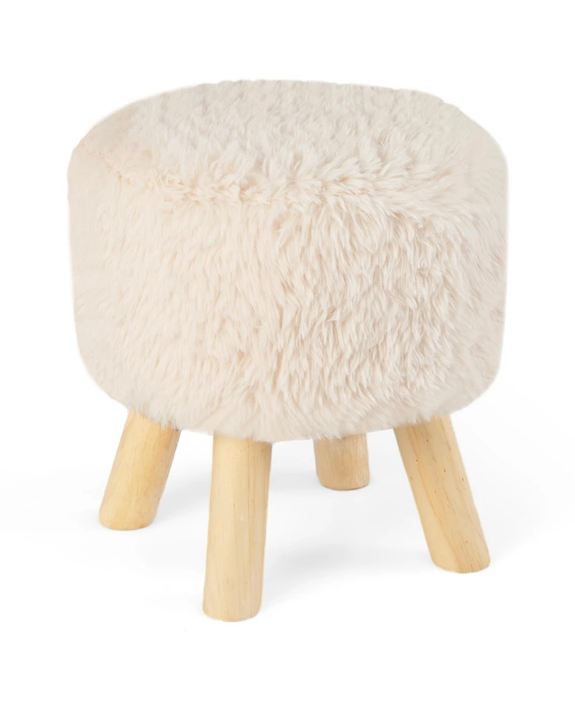 Slickblue Round Footstool Ottoman Faux Fur Footrest with Padded Seat and Rubber Wood Legs