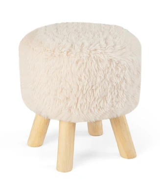 Slickblue Round Footstool Ottoman Faux Fur Footrest with Padded Seat and Rubber Wood Legs