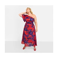 Rebdolls Women's Aurora Floral One Shoulder Midi A Line Dress