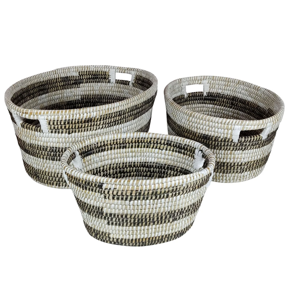 Slickblue Natural Canes Grass Baskets Stackable Storage Bins Set of 3 with Hollowed Handles