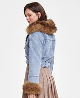 Avec Les Filles Women's Faux Fur Trim Denim Moto Jacket