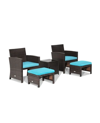 Sugift 5 Pieces Patio Rattan Furniture Set with Ottoman and Tempered Glass Coffee Table